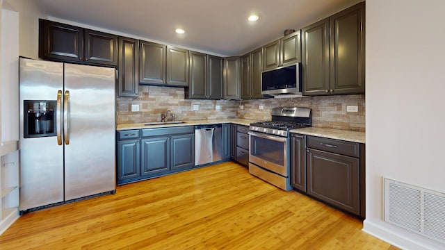 kitchen with sink, appliances with stainless steel finishes, gray cabinetry, tasteful backsplash, and light wood-type flooring