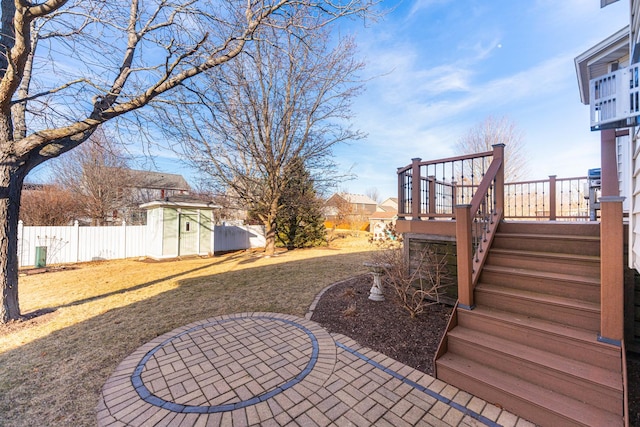 view of patio featuring a storage unit