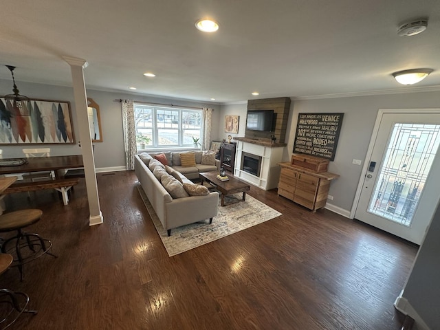 living room featuring ornamental molding and dark wood-type flooring