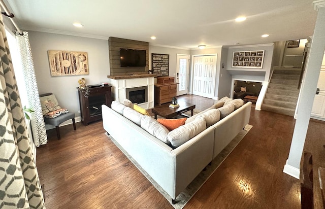 living room featuring dark hardwood / wood-style flooring and crown molding