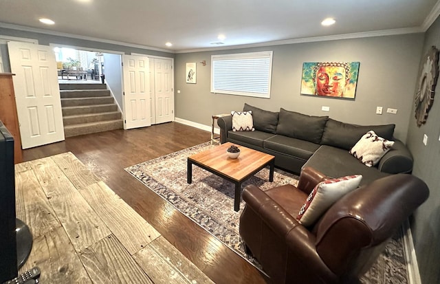 living room featuring crown molding and dark wood-type flooring