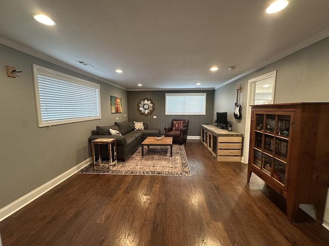 living room featuring crown molding and dark wood-type flooring