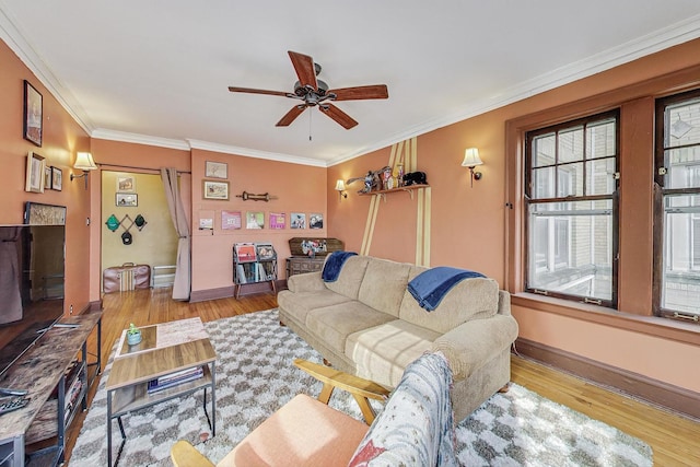 living room featuring crown molding, ceiling fan, and light hardwood / wood-style flooring