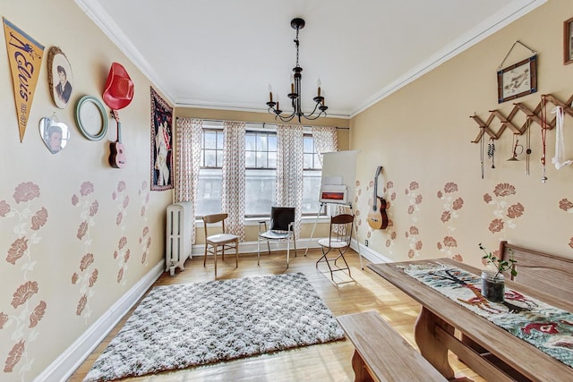 living area featuring an inviting chandelier, ornamental molding, radiator, and wood-type flooring