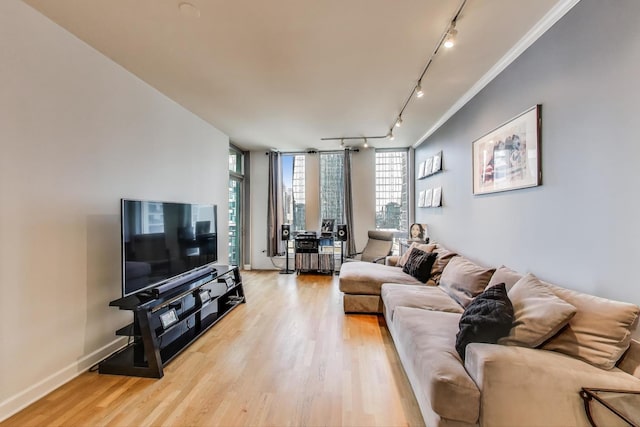 living room featuring light wood-type flooring, baseboards, floor to ceiling windows, and track lighting