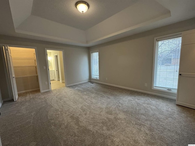 unfurnished bedroom with carpet floors, multiple windows, and a raised ceiling