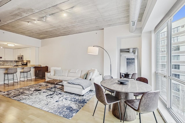 living room featuring track lighting and light wood-type flooring