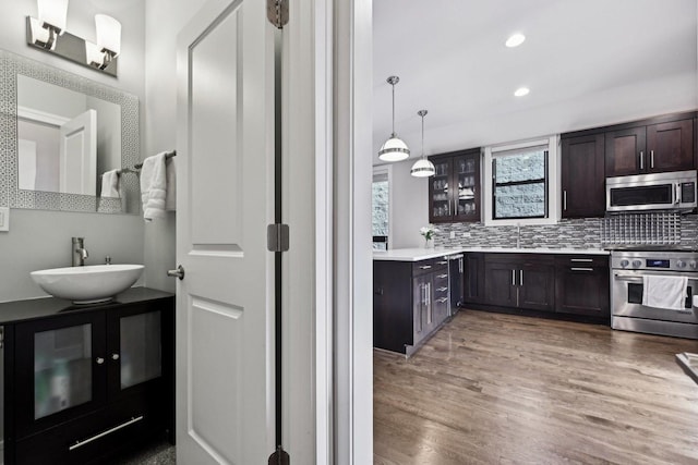 kitchen with sink, dark brown cabinets, appliances with stainless steel finishes, dark hardwood / wood-style flooring, and decorative backsplash