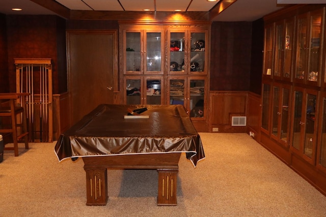 recreation room featuring carpet floors, pool table, and wooden walls