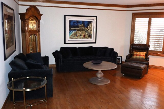 living room featuring hardwood / wood-style floors and crown molding