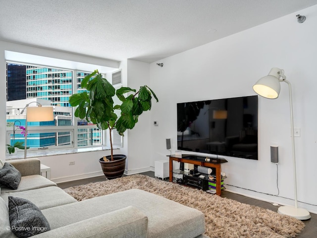 living area featuring a healthy amount of sunlight, a textured ceiling, and wood finished floors