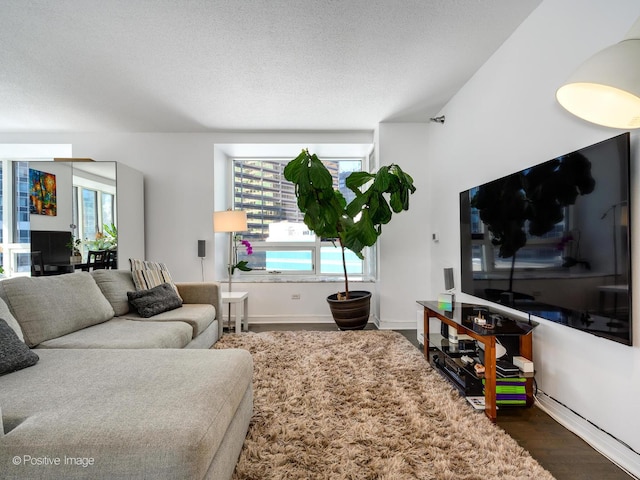 living area with dark wood-style floors, a textured ceiling, plenty of natural light, and baseboards