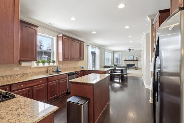 kitchen featuring stainless steel appliances, light stone countertops, a center island, ornamental molding, and kitchen peninsula