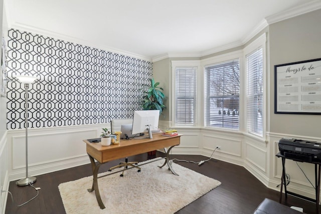 office area with crown molding and dark hardwood / wood-style flooring