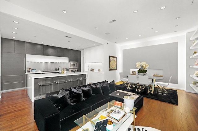 living room featuring sink and light hardwood / wood-style flooring