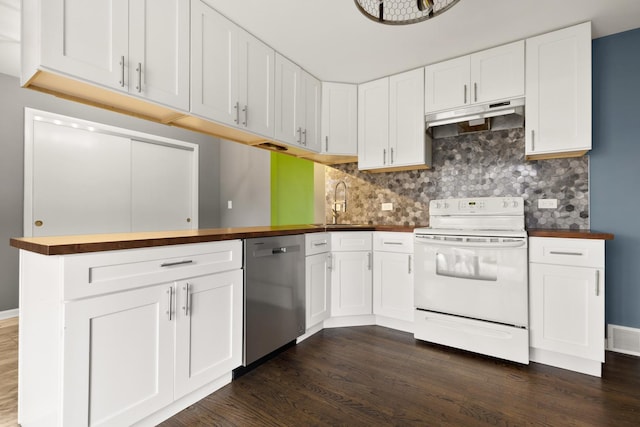 kitchen with white electric range, butcher block countertops, dishwasher, decorative backsplash, and white cabinets