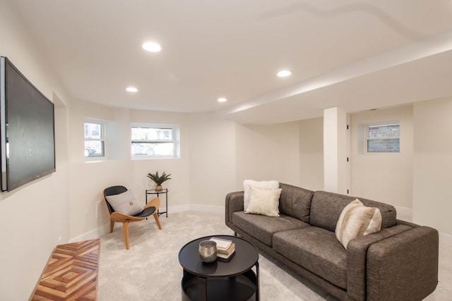 living room featuring light colored carpet