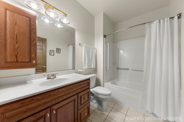 full bathroom with shower / bath combination with curtain, vanity, toilet, and tile patterned flooring