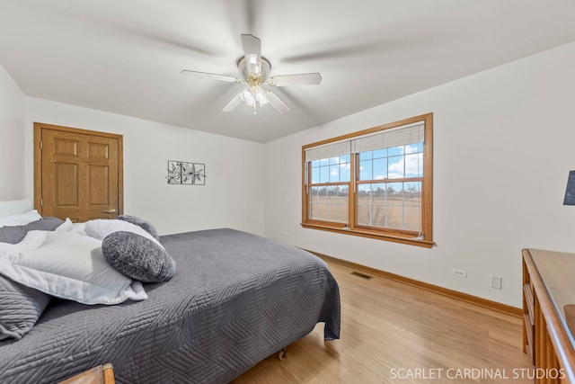 bedroom featuring ceiling fan and light hardwood / wood-style floors