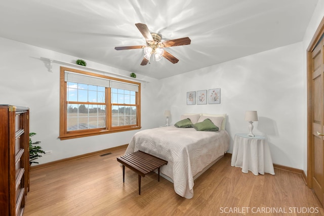 bedroom with ceiling fan and light wood-type flooring