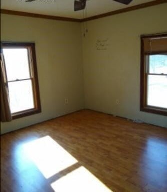 empty room with crown molding, wood-type flooring, and ceiling fan