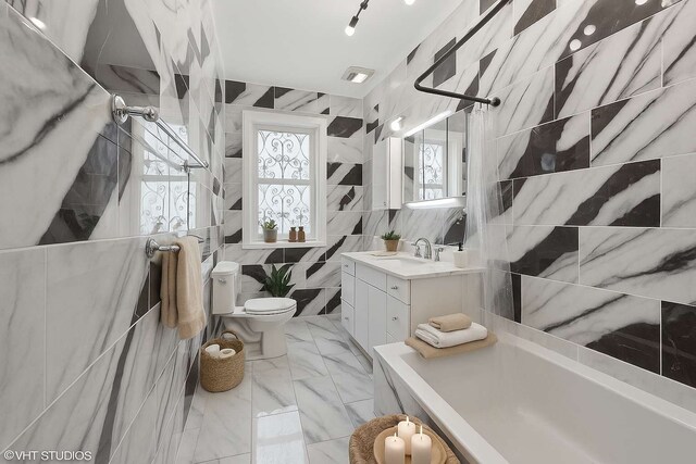 7121 S Yale Ave, Chicago, IL 60621 - full bath featuring a tub, vanity, tile walls, marble finish flooring, and a shower