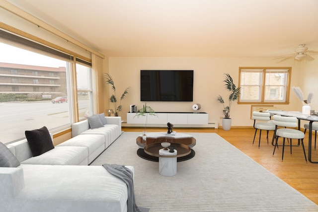 living room with ceiling fan, light hardwood / wood-style flooring, and a healthy amount of sunlight