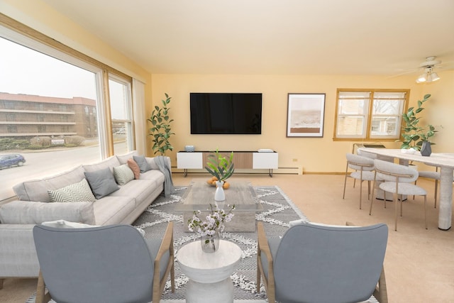 living room featuring light carpet and ceiling fan