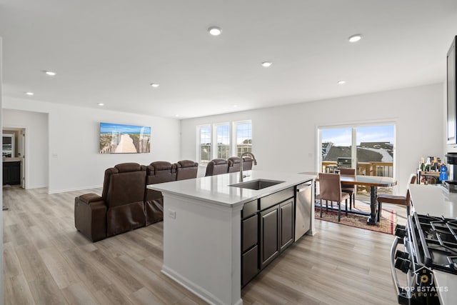 kitchen with sink, stainless steel dishwasher, an island with sink, and plenty of natural light