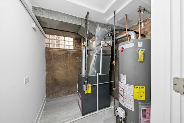 utility room with gas water heater and heating unit