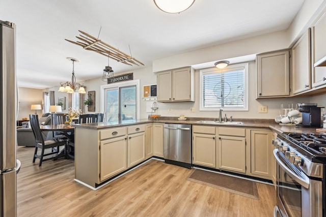 kitchen with light wood finished floors, dark countertops, appliances with stainless steel finishes, a sink, and a peninsula