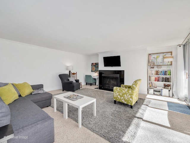 carpeted living area with a fireplace