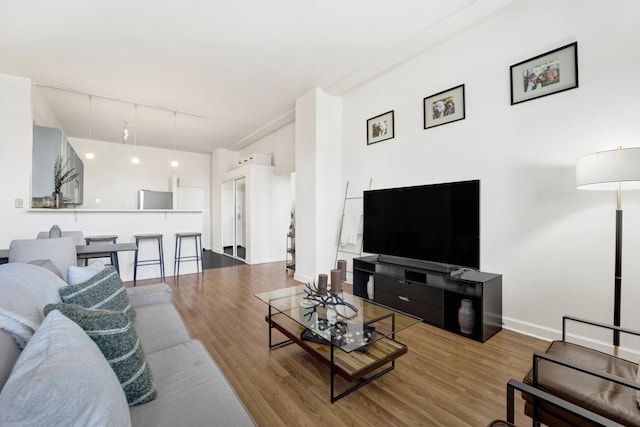 living room with wood-type flooring and track lighting