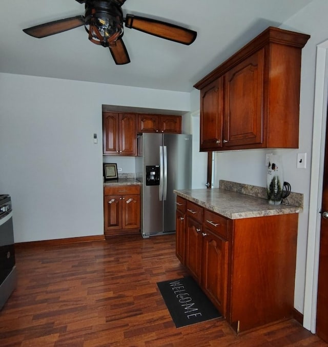 936 N Ridgeland Ave, Oak Park, IL 60302 - kitchen with stainless steel fridge, a ceiling fan, dark wood finished floors, and baseboards