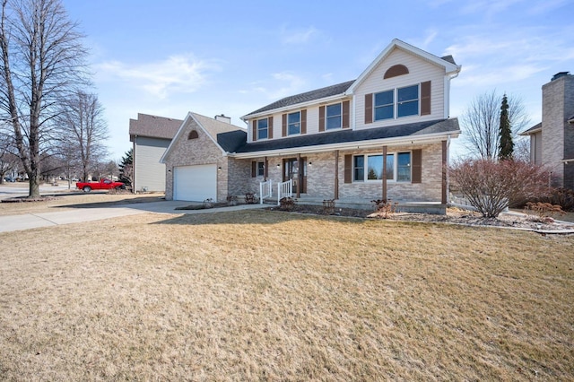 traditional home with driveway, brick siding, an attached garage, and a front yard