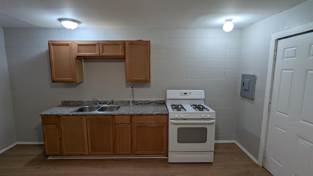 kitchen with wood-type flooring, sink, and white range with gas stovetop