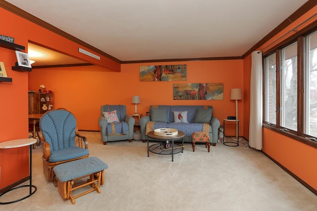 living area with ornamental molding and carpet floors