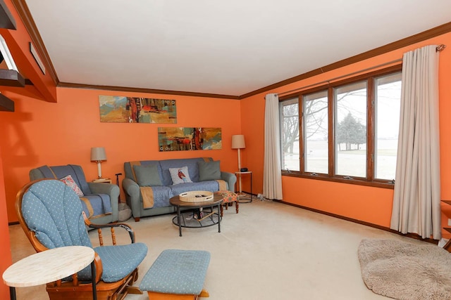 carpeted living room featuring crown molding