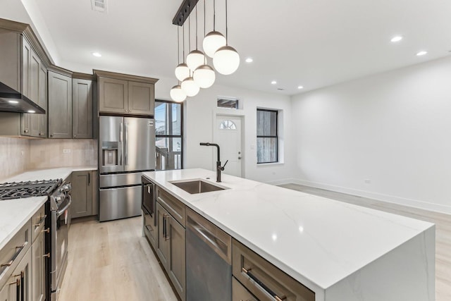 kitchen with light wood finished floors, a center island with sink, appliances with stainless steel finishes, a sink, and backsplash