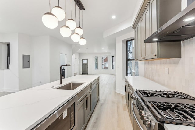 kitchen featuring wall chimney exhaust hood, light wood-style flooring, appliances with stainless steel finishes, a sink, and backsplash