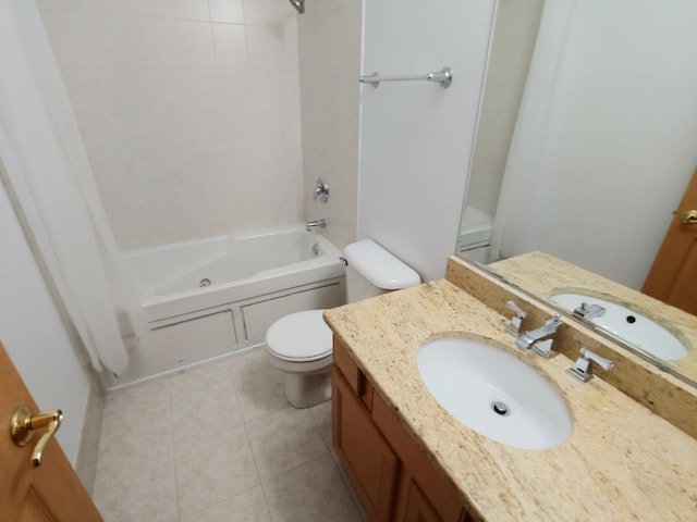 full bathroom with tile patterned flooring, vanity,  shower combination, and toilet