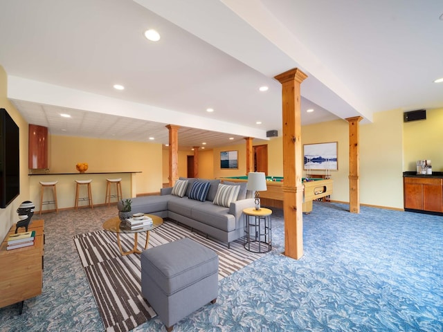 carpeted living area featuring ornate columns, billiards, baseboards, and recessed lighting