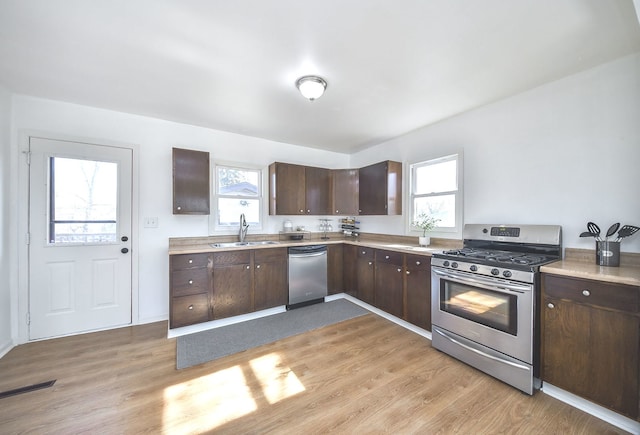 kitchen featuring dark brown cabinetry, stainless steel appliances, sink, and light wood-type flooring