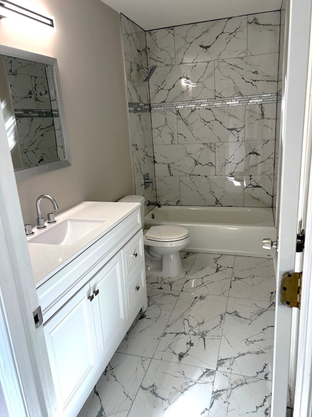 full bathroom with  shower combination, marble finish floor, vanity, and toilet