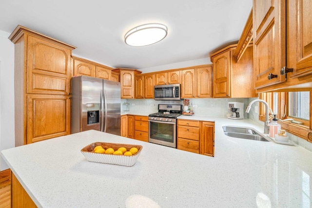 549 Beachview Dr, Lake Holiday, IL 60552 - kitchen with a peninsula, appliances with stainless steel finishes, a sink, and tasteful backsplash
