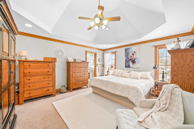 549 Beachview Dr, Lake Holiday, IL 60552 - bedroom with crown molding, a raised ceiling, ensuite bathroom, light carpet, and recessed lighting