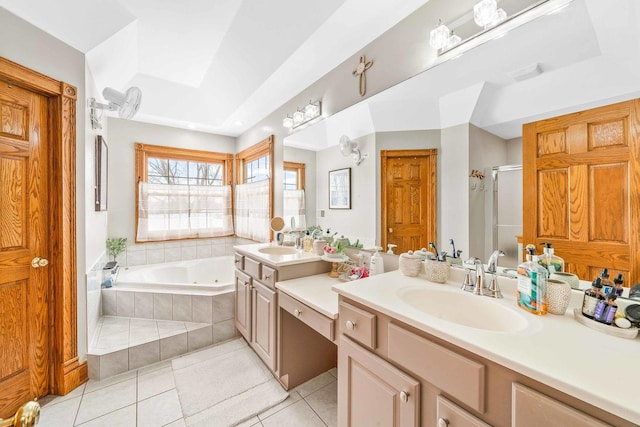 549 Beachview Dr, Lake Holiday, IL 60552 - full bathroom featuring a jetted tub, tile patterned flooring, a shower stall, vanity, and a tray ceiling