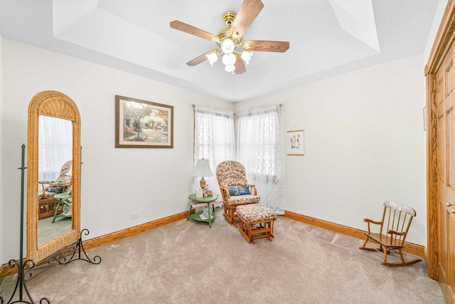 549 Beachview Dr, Lake Holiday, IL 60552 - sitting room featuring baseboards, carpet flooring, a raised ceiling, and ceiling fan