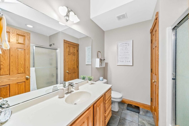 549 Beachview Dr, Lake Holiday, IL 60552 - bathroom with visible vents, vanity, toilet, baseboards, and a stall shower