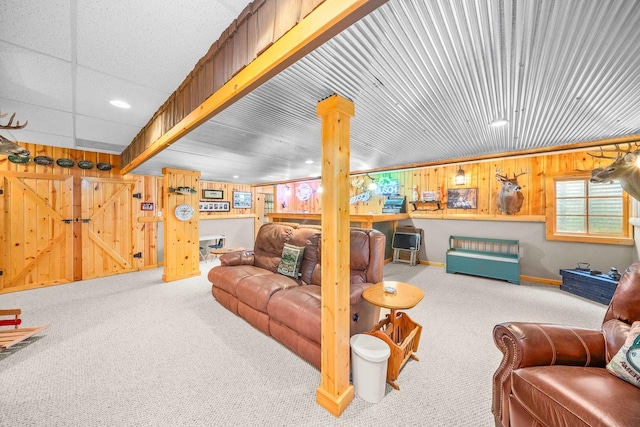 549 Beachview Dr, Lake Holiday, IL 60552 - carpeted living room with recessed lighting, wood walls, and baseboards